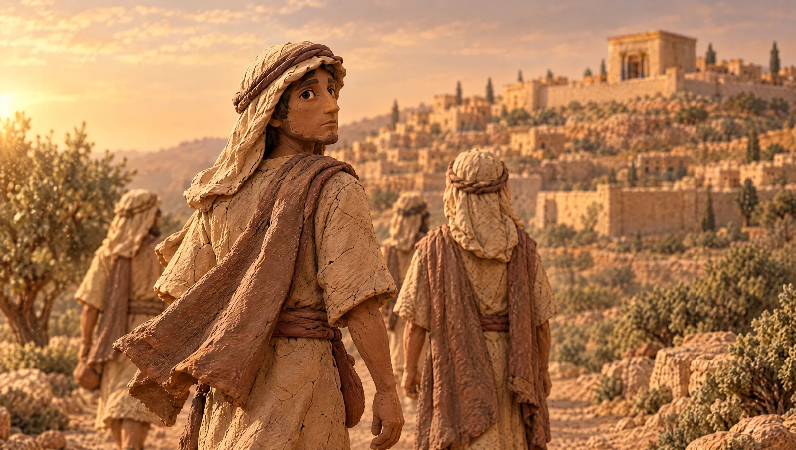 A young clay figure in a headcloth looks back at Jerusalem at sunset as his group walks away.
