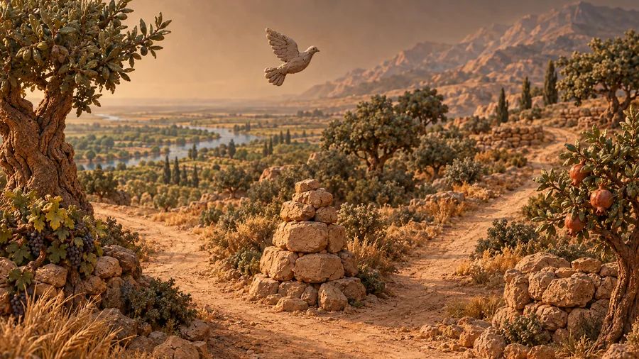 A clay dove over a fork in a dirt road, a stone cairn at the split.