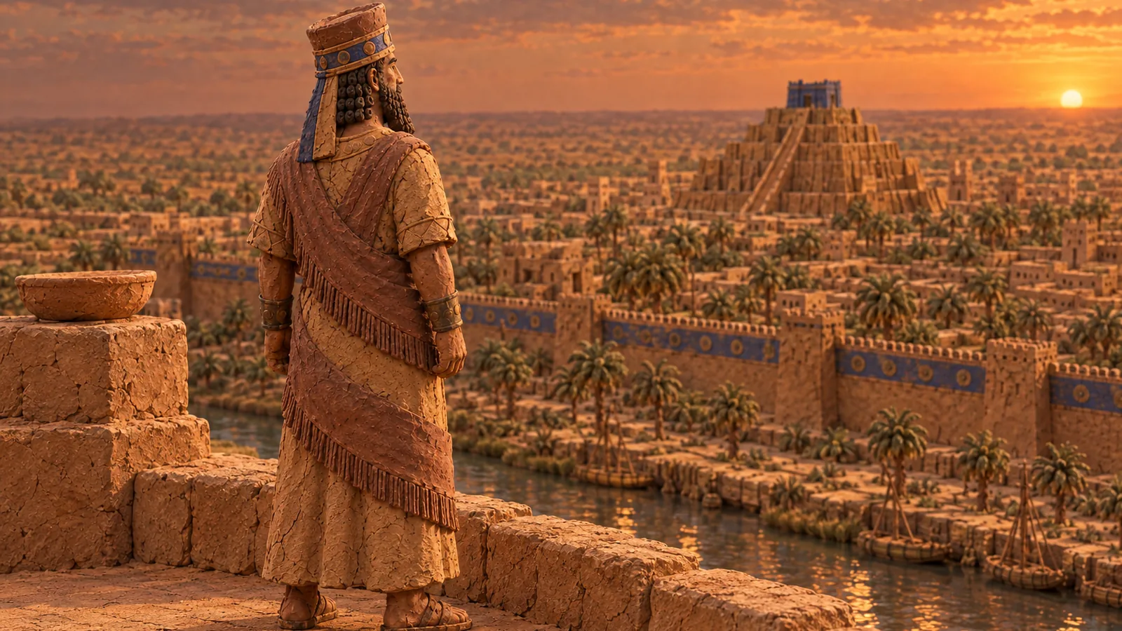 A clay king in a tall cap stands on a terrace with his back to us, looking out over Babylon at sunset.