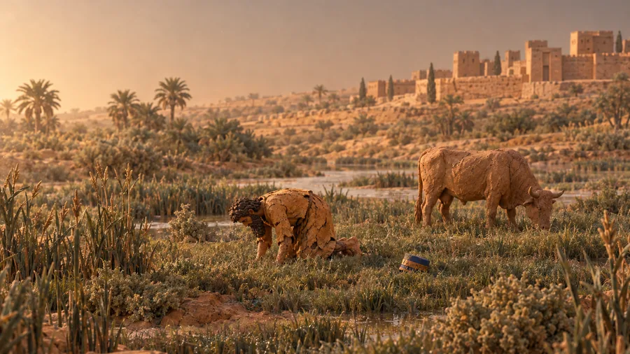 A clay man on hands and knees in wet grass beside an ox, the city far behind.