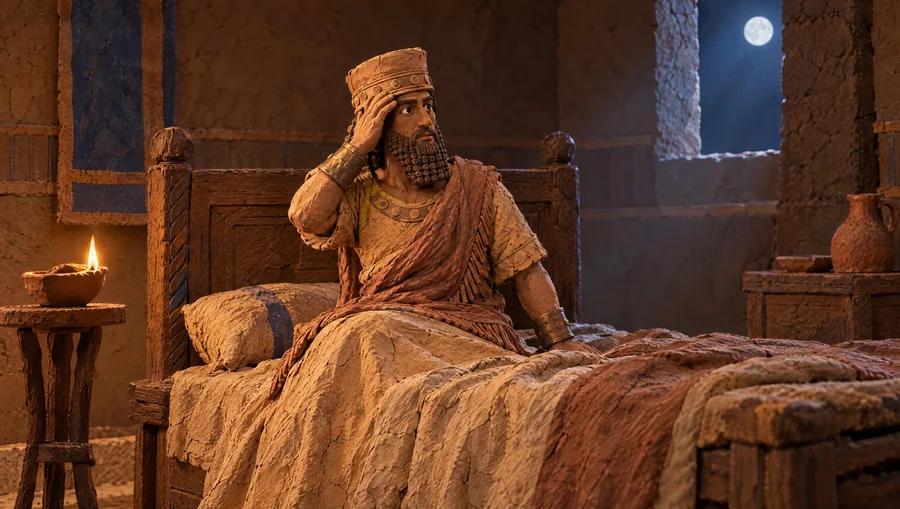 A clay king sits up in bed at night, hand to his head, troubled by a dream.