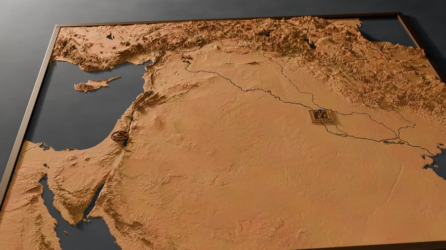 A relief map of the ancient Near East, from the Mediterranean to Babylon, in a wooden frame.